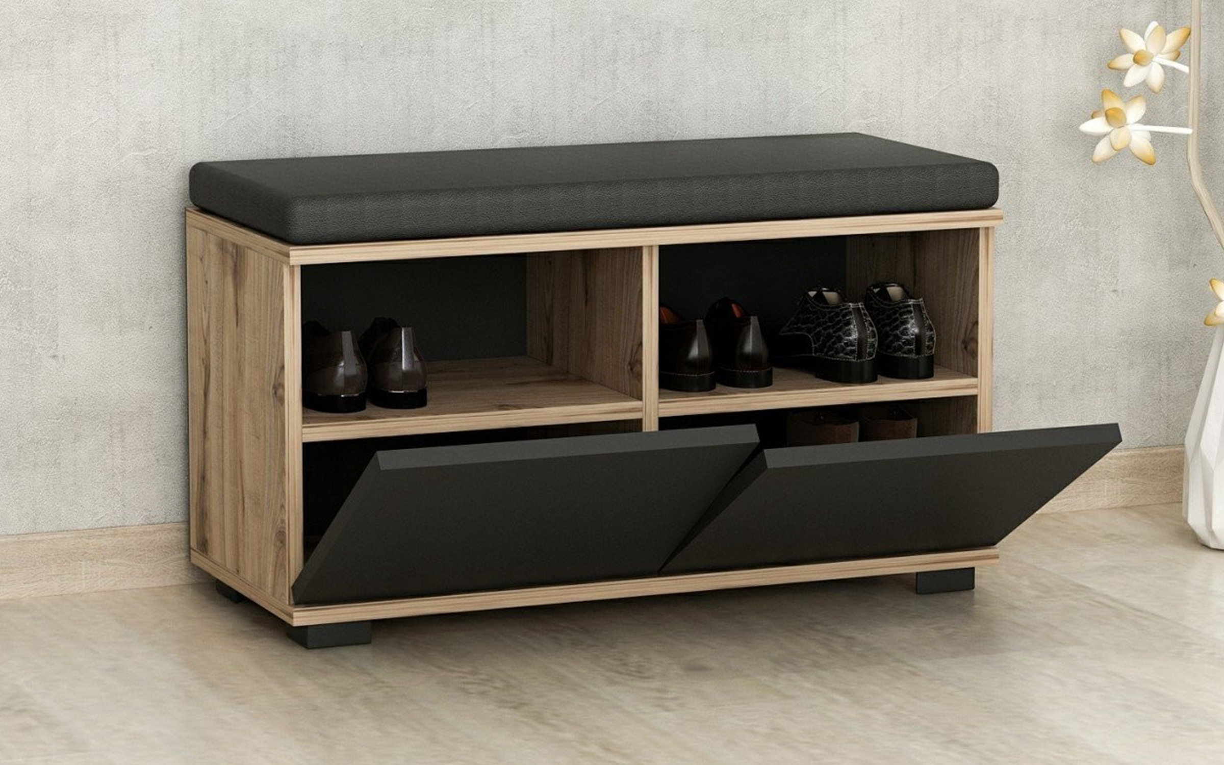 Shoe bench cabinet Arvin, walnut + black  3